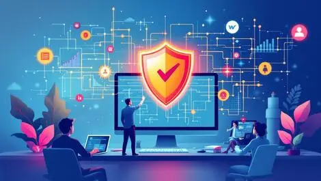 Digital illustration business office employees computer shield cyber protection data flow