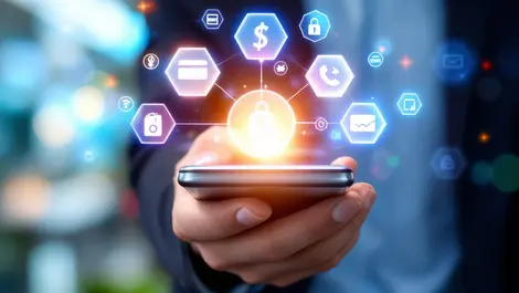 Hand holding smartphone digital payment icons floating multiple payment options financial transactions modern