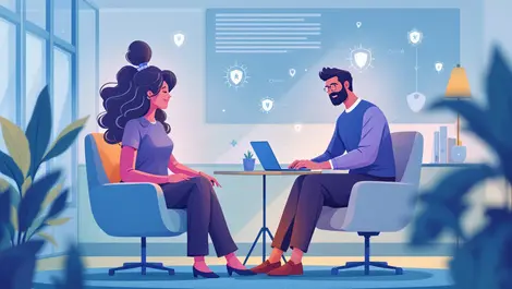 Uk cybersecurity professional therapy support modern office shield icons soothing colors