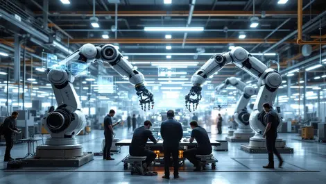 Modern factory automated robotic arms assembling machinery human collaboration