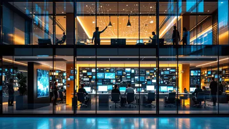 Modern london office building glass facades bank workspace digital connections