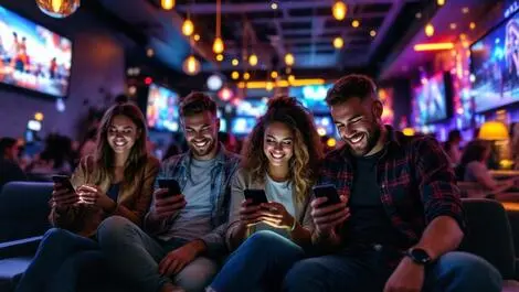 Group australian people cinema lobby using smartphones glowing digital screens