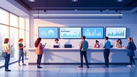 Modern new zealand bank branch interior digital screens smartphones secure connection