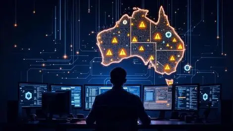 Shadowy figure dim office glowing monitors warning symbols digital streams australia cyber attacks ai