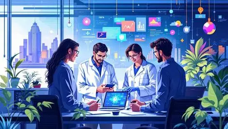 Modern illustration nz researchers collaborating high tech lab ai cybersecurity software engineering digital tech