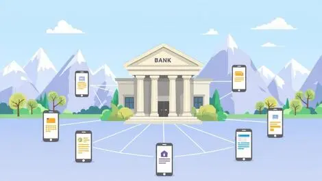 Stylized bank building digital lines smartphones new zealand landscape banking data connectivity