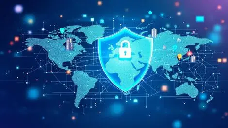 Digital shield protecting global banks office buildings secure transactions