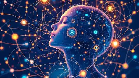 Robotic human head digital patterns glowing neural networks generative ai rise