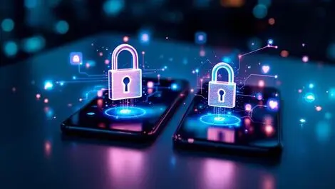 Modern mobile phones glowing screens secure locks shield digital security