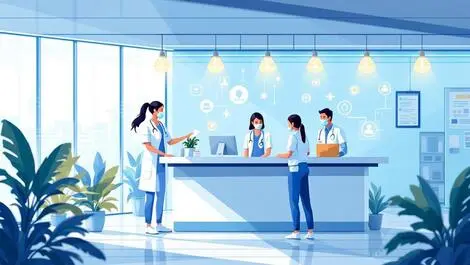 Hospital staff assisting patients automation icons queensland modern reception