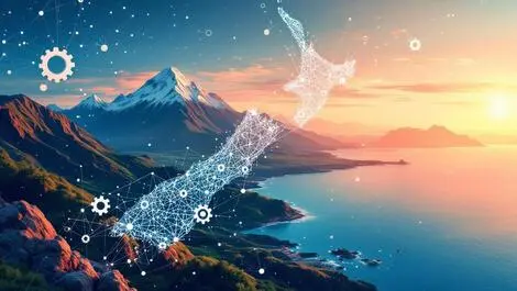 New zealand landscape ai integration mountains coastline network nodes gears