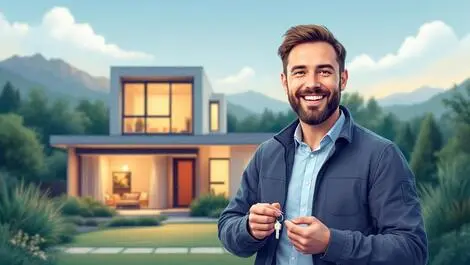 Happy new zealand tech founder holding house key modern home nz scenery tech growth