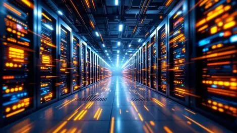 Realistic illustration high tech data center servers glowing lights network cables