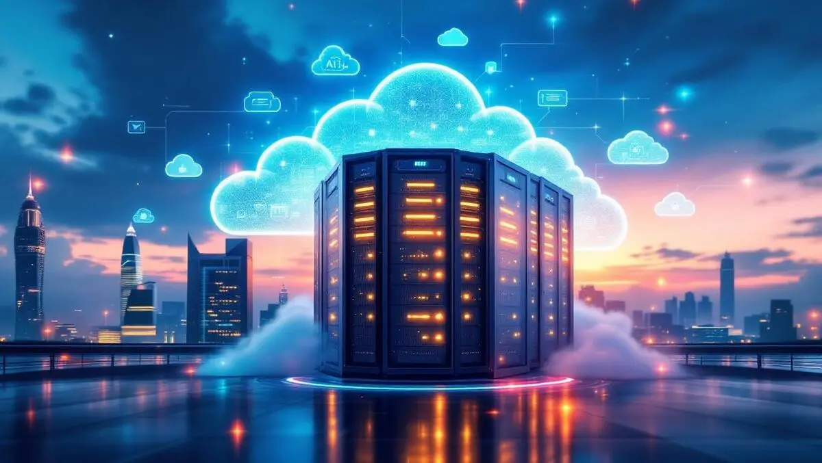 Secure data center glowing servers digital clouds indonesia city skyline ai infrastructure