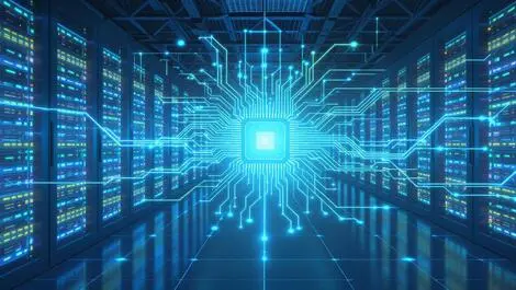 Data center glowing servers network classic silicon quantum circuits sea cityscape