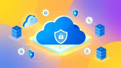 Secure cloud vault with server racks database icons shield lock protection