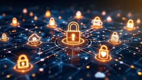 Interconnected glowing data nodes secure digital locks cloud motifs abstract bg