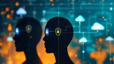 Secure digital dashboard human silhouettes lens icons cloud infrastructure identity oversight