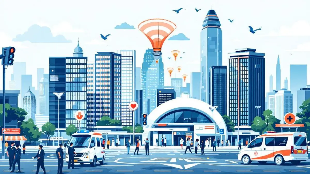 Southeast asian modern cityscape with smart tech healthcare safety