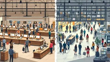 Realistic illustration busy retail store outdated checkouts vs modern automated store demonstrating tech disparity