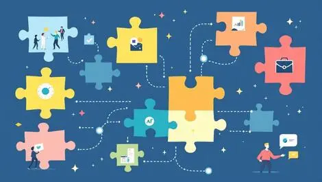 Interconnected puzzle pieces companies collaboration briefcases handshakes modern graphic