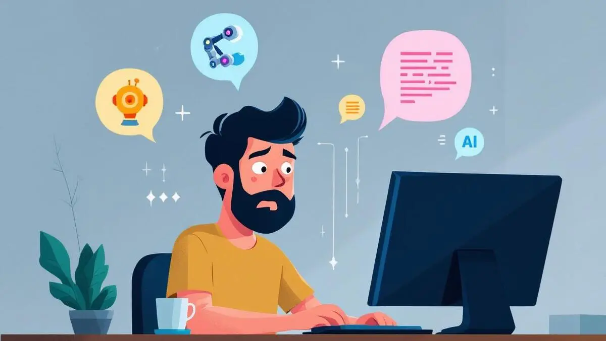 Software developer cautious with ai icons robotic arms code snippets