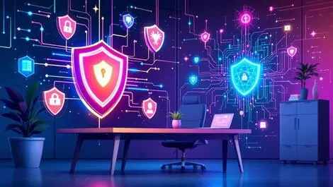 Business office shield icons protecting digital data quantum threats