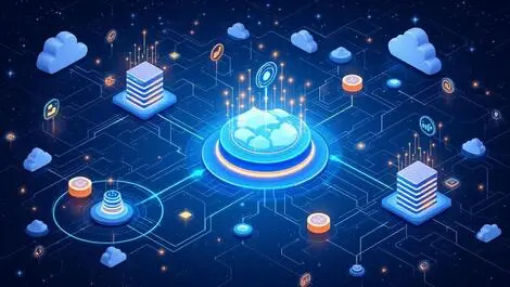 Illustration interconnected data servers databases digital signals flow
