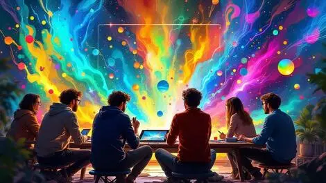 Group of artists collaborating around digital tablet creating vibrant short film