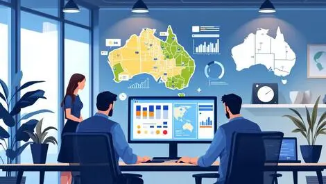 Modern office professionals collaborating digital screen australian city map