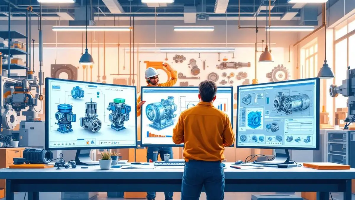 Engineers collaborating 3d digital electric motor models automotive parts modern office