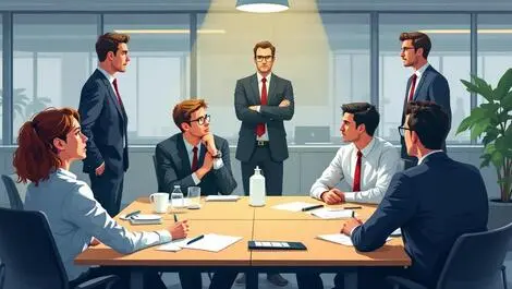 Uk modern office workers concerned sitting table senior executives talking