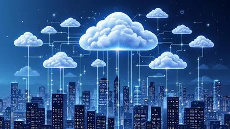 Illustration multiple interconnected clouds city skyline data streams digital nodes cloud computing serverless technology