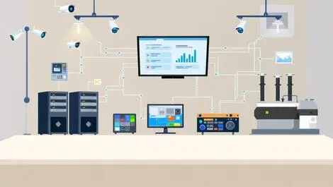 Control room servers security cameras industrial machinery digital lines protected infrastructure
