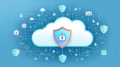 Secure cloud with digital shields and floating code icons symbolizing cloud application protection