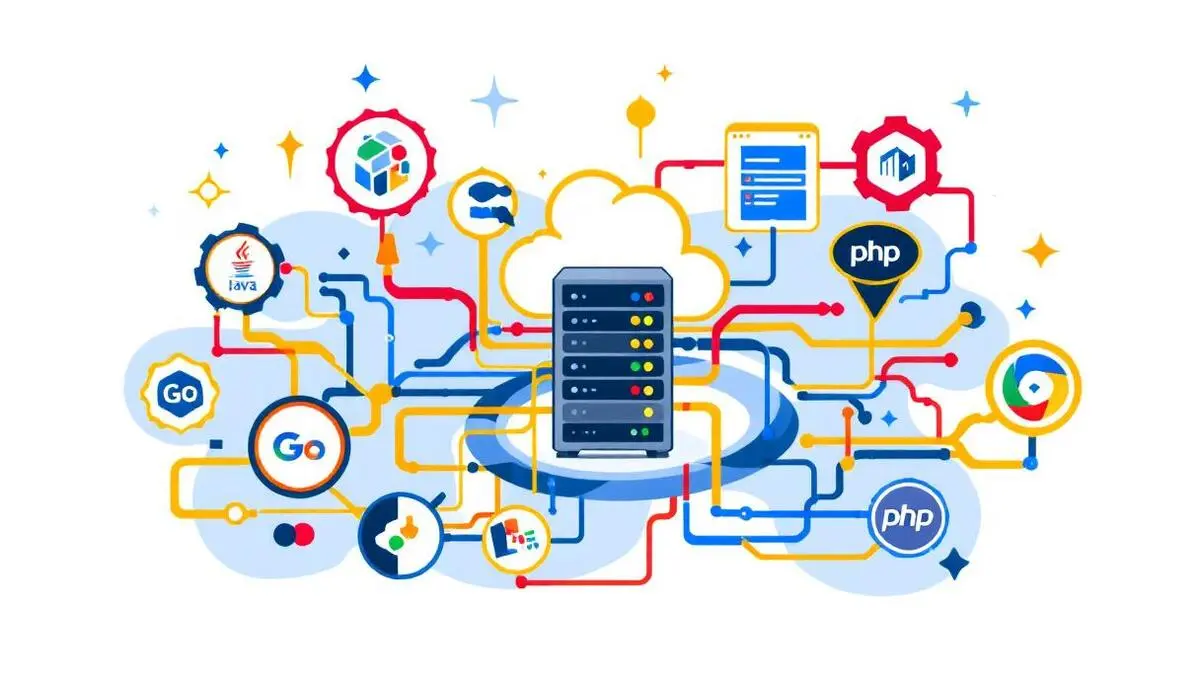 Illustration servers cloud icons application monitoring data flow programming