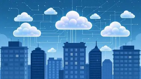 Illustration interconnected clouds modern offices circuit ai driven cloud erp