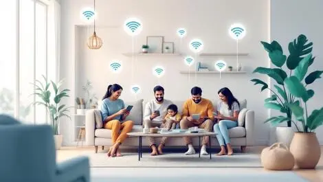 Indian family using multiple smart devices in spacious modern living room with wifi signals
