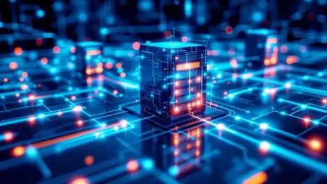 Interconnected computer servers glowing neural connections ai network
