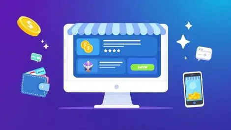 Digital illustration computer screen mobile game storefront in game items coins