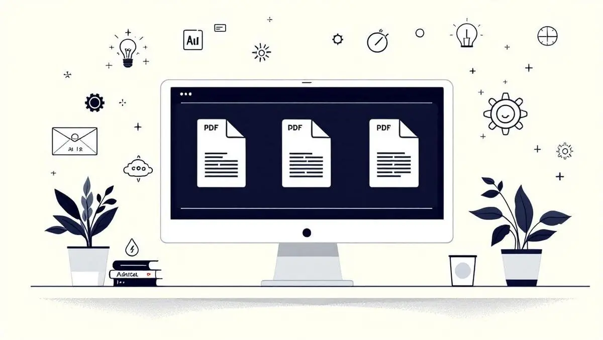 Modern workspace computer screen layered pdf icons digital tools automation