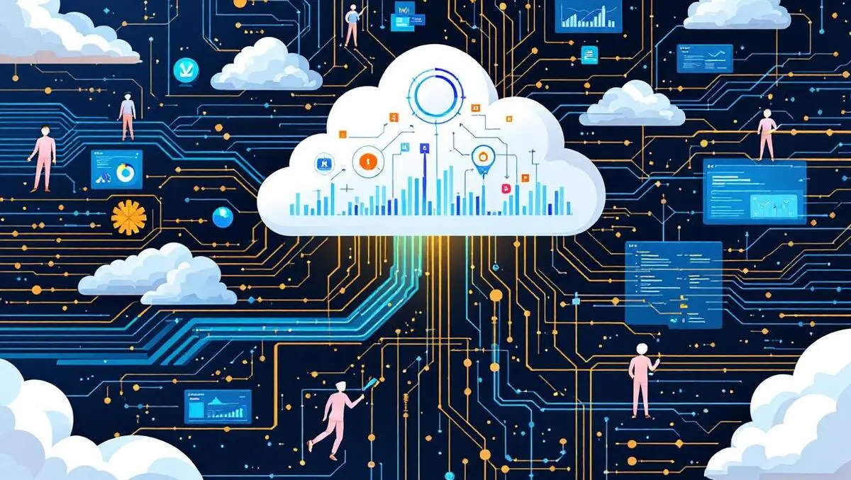 Interconnected streams flowing data ai agents cloud digital dashboards graphs