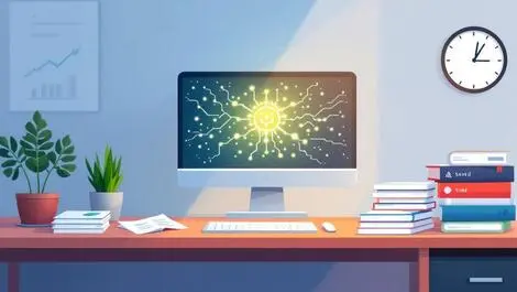 Office scene computer glowing neural network ai automation data request