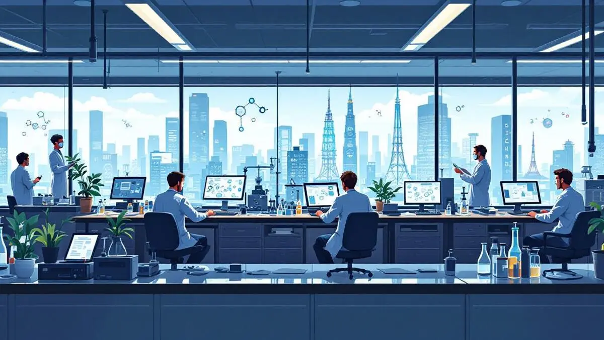 Scientists modern laboratory using computers molecular structures tokyo cityscape