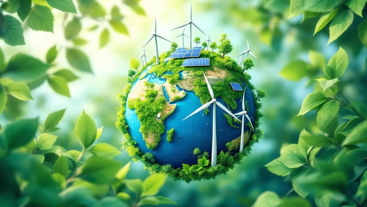 Globe with wind turbines solar panels green leaves clean energy investments