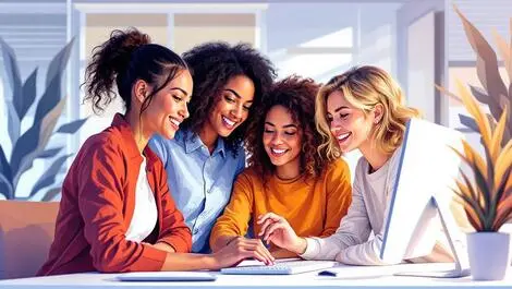 Female professionals collaborating computer modern office leadership teamwork cybersecurity