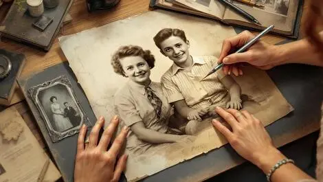 Restoring aged family photo vivid clarity hands memorabilia album