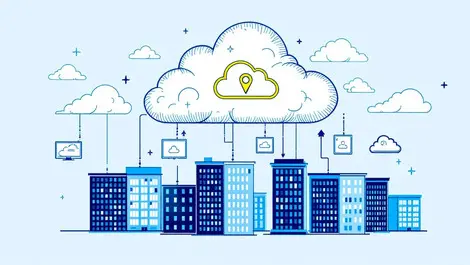 Virtual desktop infrastructure cloud services enterprise office buildings illustration