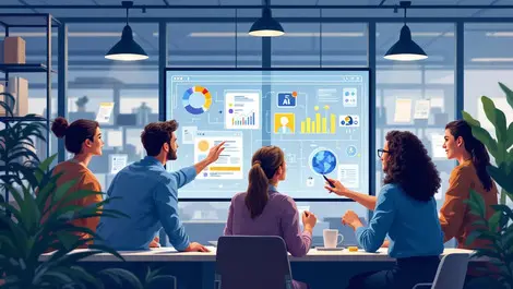 Young professionals collaborating around digital screen in modern uk office