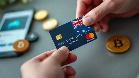 Australian hand holding debit mastercard with bitcoin and ethereum coins and smartphone payment app